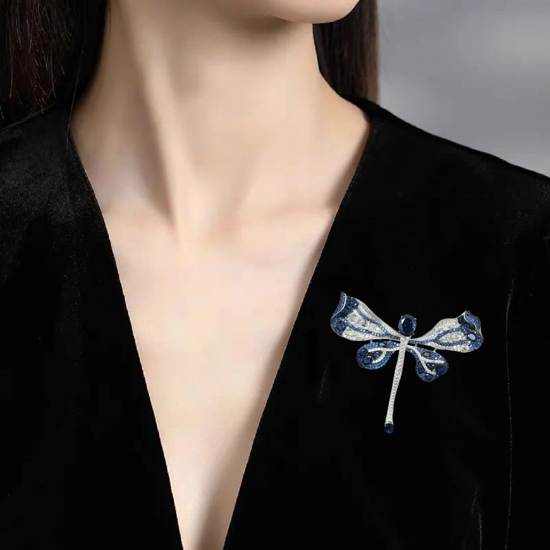 Cindychao royal blue animal dragonfly silver gold plated diamond brooch