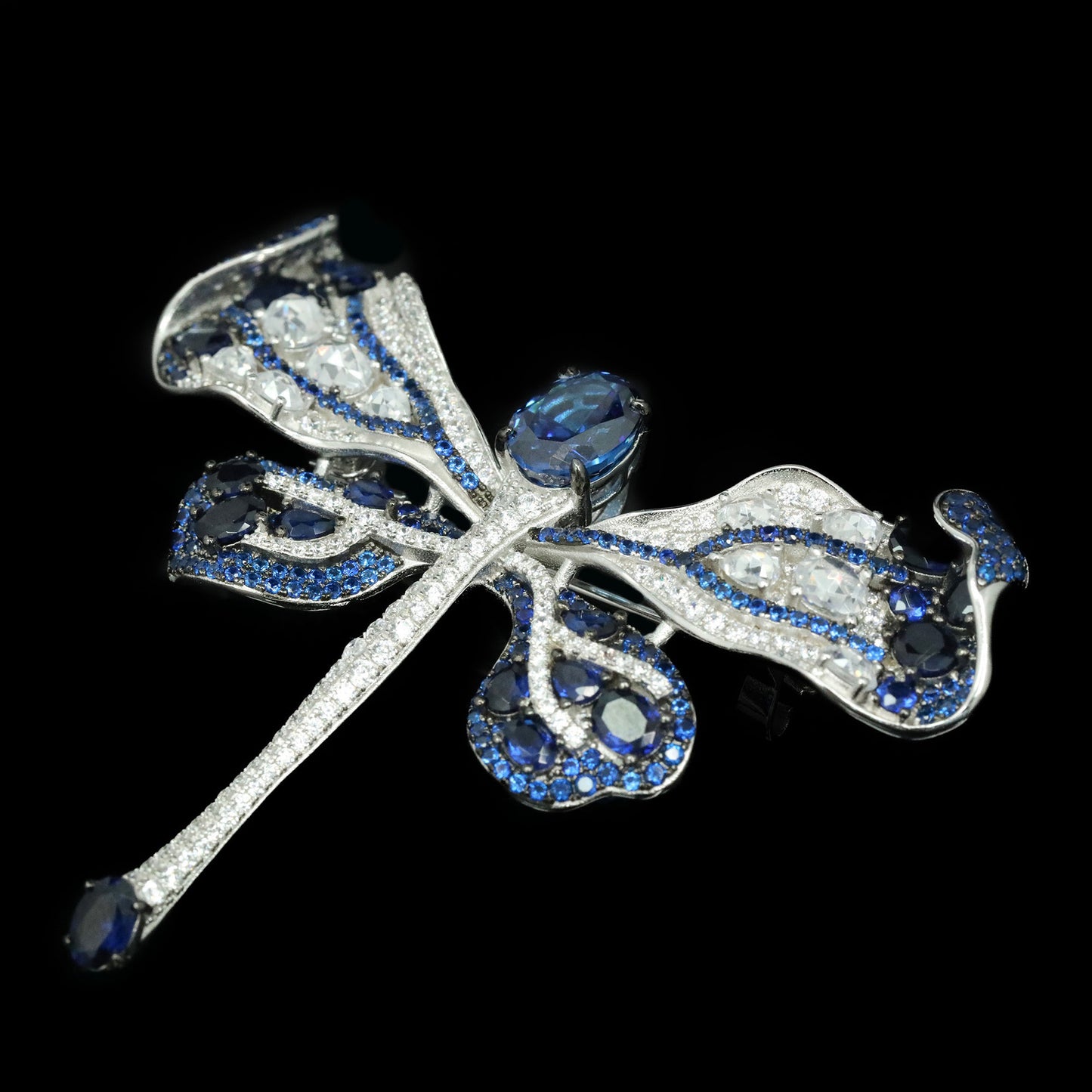 Cindychao royal blue animal dragonfly silver gold plated diamond brooch