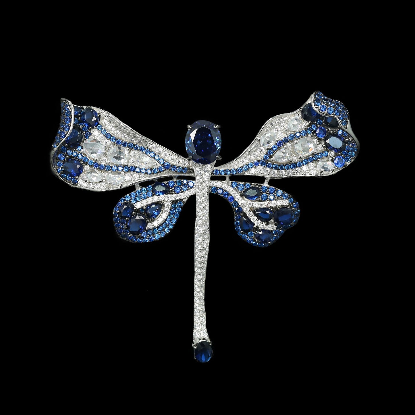 Cindychao royal blue animal dragonfly silver gold plated diamond brooch