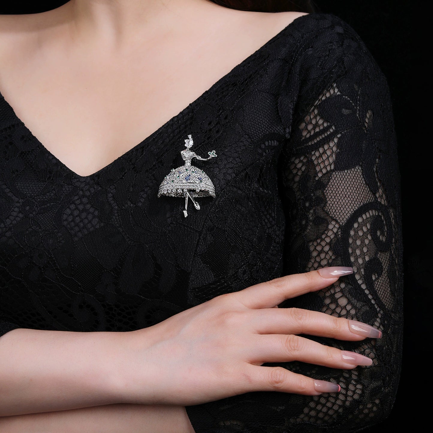 Silver Ballet Girl Diamond Brooch Necklace Pendant Dual Purpose Corsage
