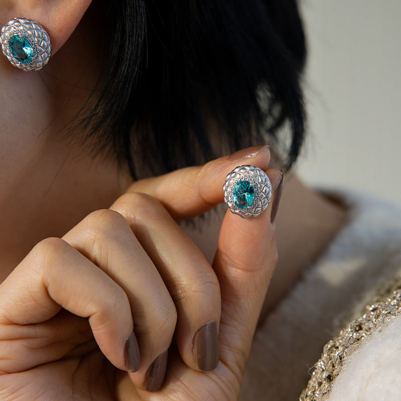 Lattice Hand Brushed Vintage Blue Cultured Gemstone Stud Earrings