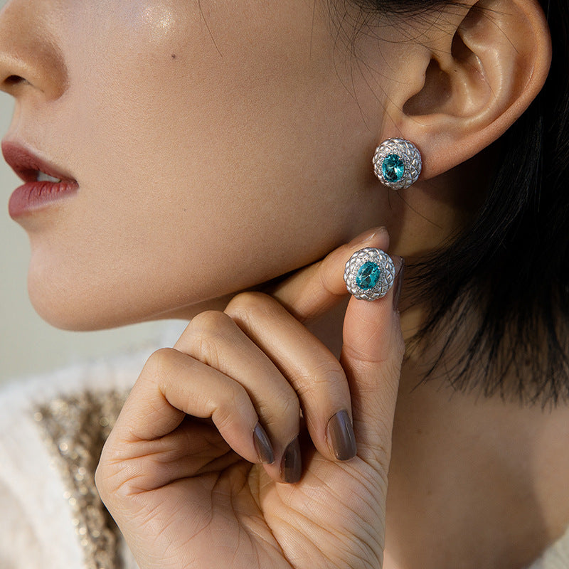Lattice Hand Brushed Vintage Blue Cultured Gemstone Stud Earrings