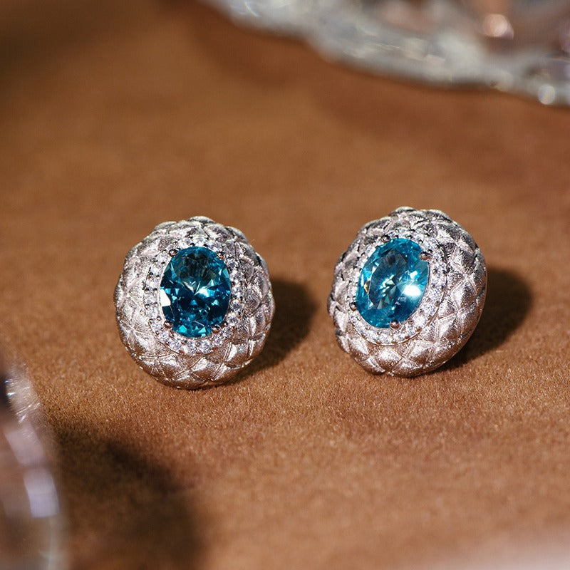 Lattice Hand Brushed Vintage Blue Cultured Gemstone Stud Earrings