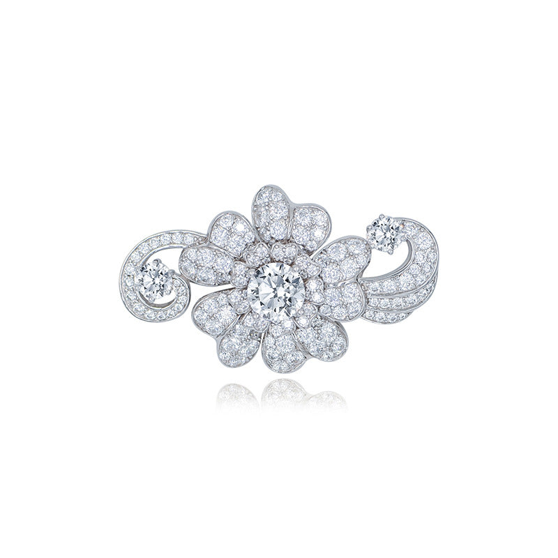 Full Diamond Silver Plated Vintage Flower Brooch