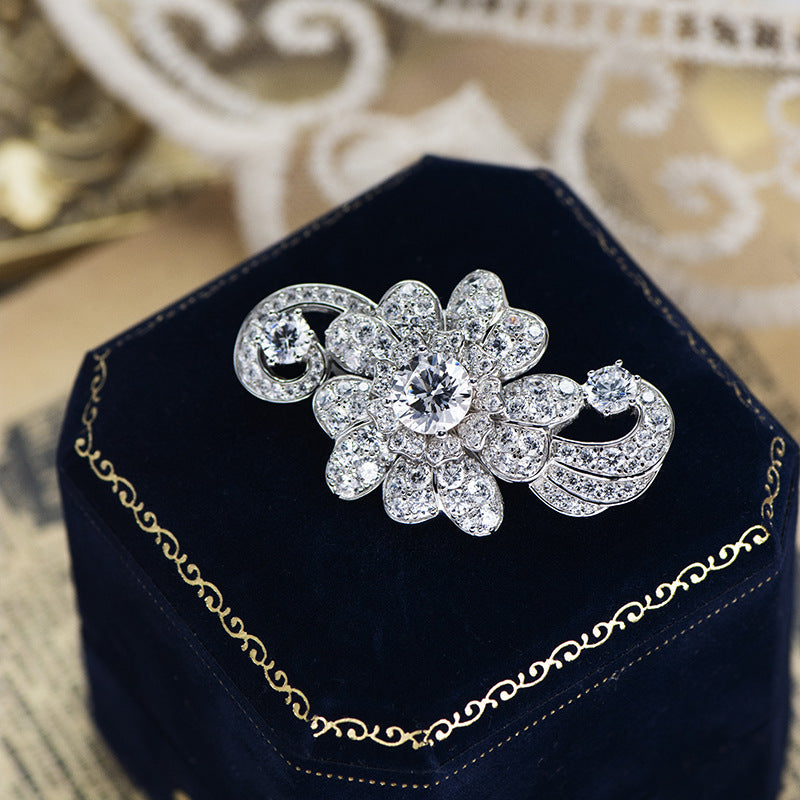 Full Diamond Silver Plated Vintage Flower Brooch