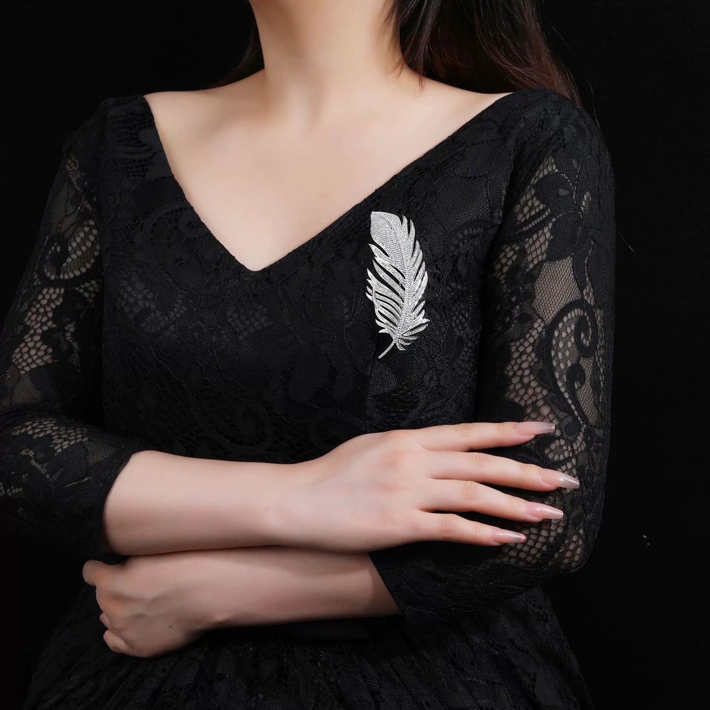 Feather Full Diamond Luxury Brooch Silver Premium Corsage