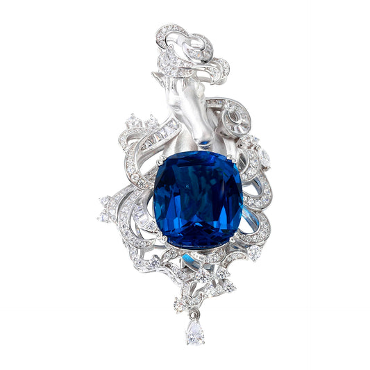 Silver Diamond Horse Sapphire Brooch Necklace Pendant Dual Purpose Corsage