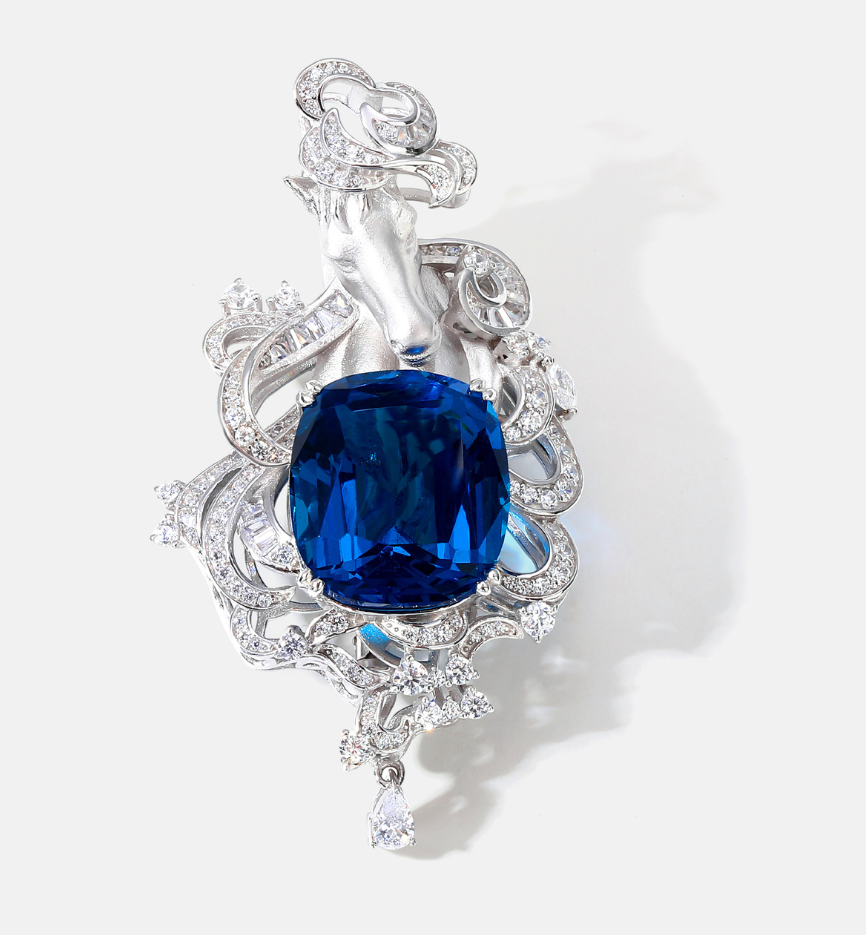 Silver Diamond Horse Sapphire Brooch Necklace Pendant Dual Purpose Corsage