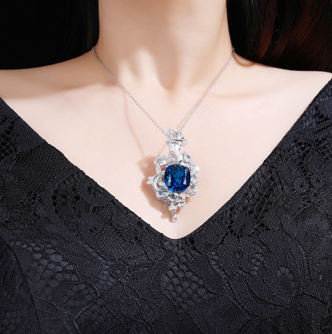 Silver Diamond Horse Sapphire Brooch Necklace Pendant Dual Purpose Corsage