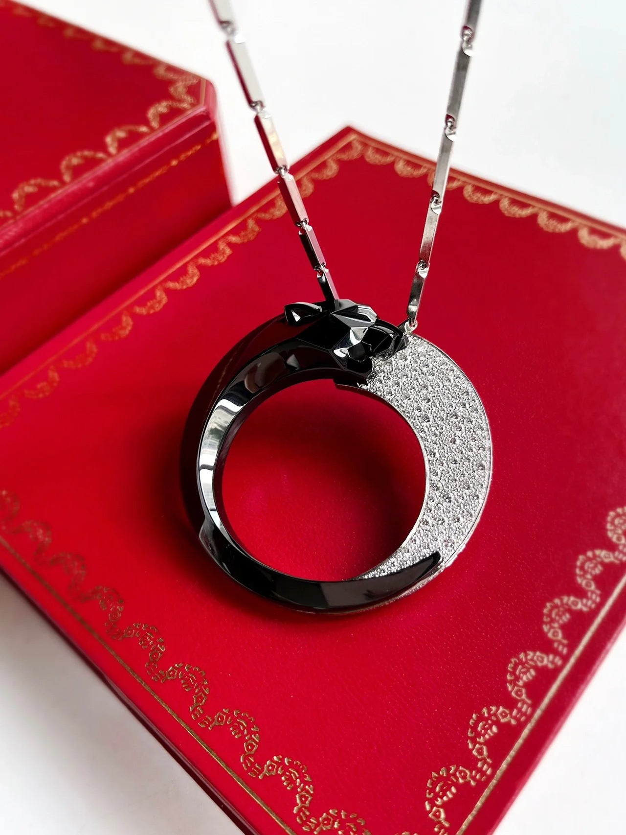 High Carbon Diamond Reversible Leopard Black Enamel Silver Vermeil Necklace