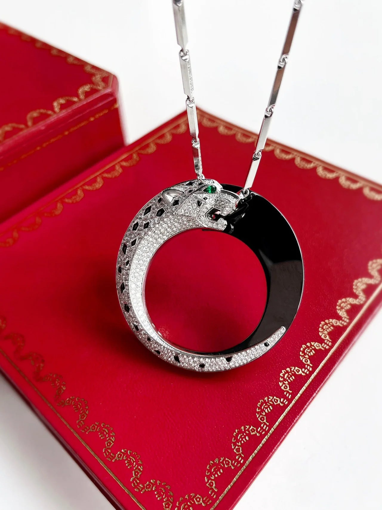 High Carbon Diamond Reversible Leopard Black Enamel Silver Vermeil Necklace