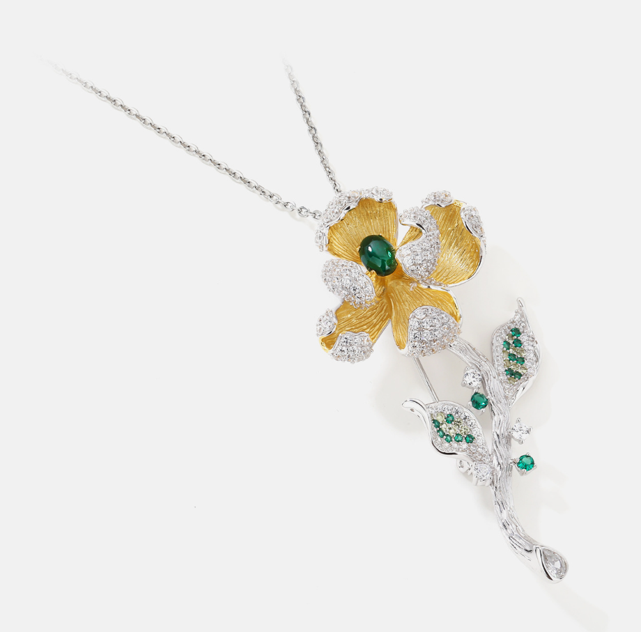 Handmade Flower Diamond Brooch Sterling Silver with Gemstone Corsage