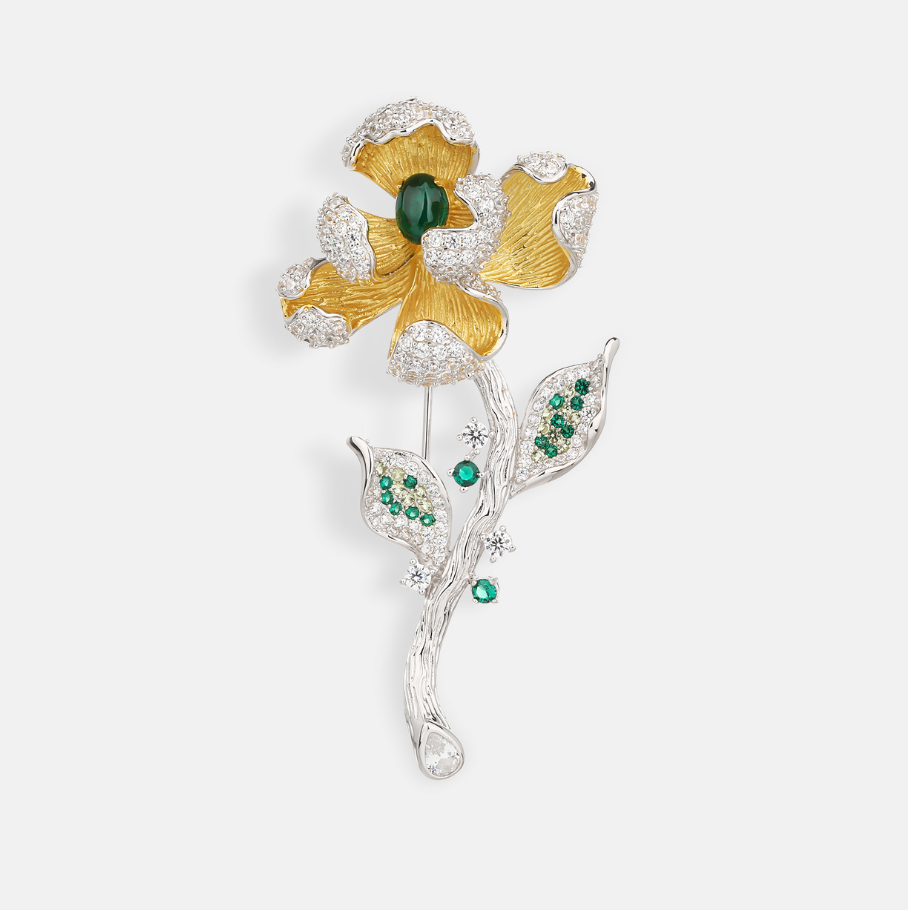 Handmade Flower Diamond Brooch Sterling Silver with Gemstone Corsage