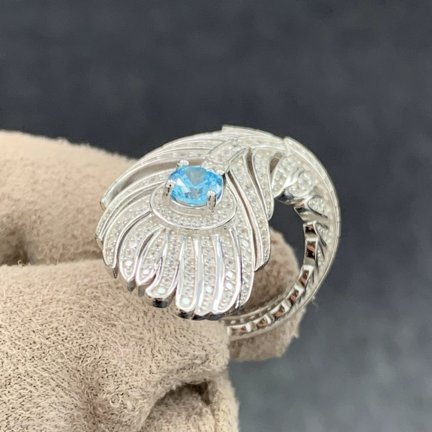 Bird Feather Aquamarine High Carbon Diamond Ring