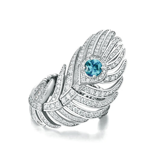 Bird Feather Aquamarine High Carbon Diamond Ring