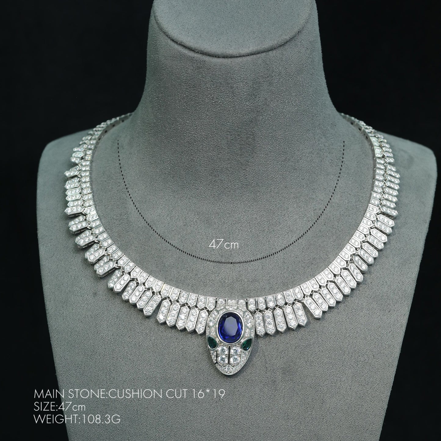 Pendant Chain Silver Gold Plated High Carbon Diamond Royal Blue Spirit Snake Oval Deluxe Necklace