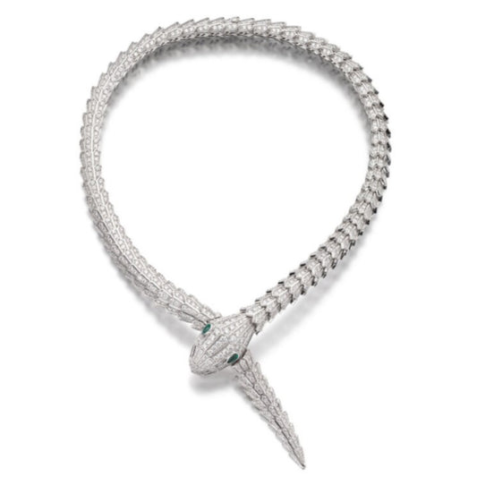 High Carbon Diamond Spirit Snake Muzo Green Silver and Gold Plated Snake Bone Necklace