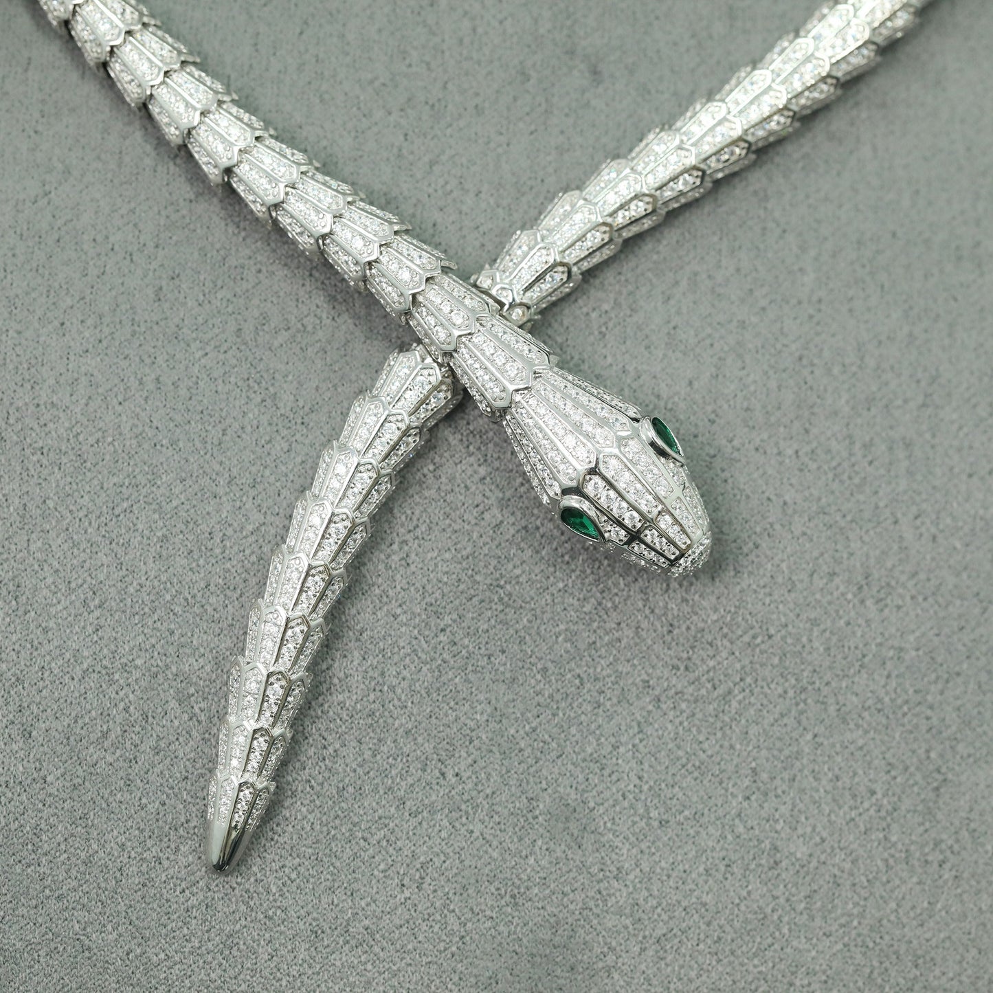 High Carbon Diamond Spirit Snake Muzo Green Silver and Gold Plated Snake Bone Necklace