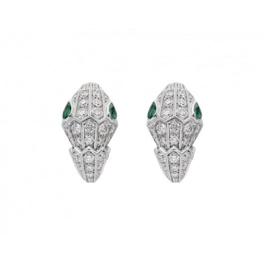 Silver and gold plated high carbon diamond spirit snake Muzo green teardrop ear clips
