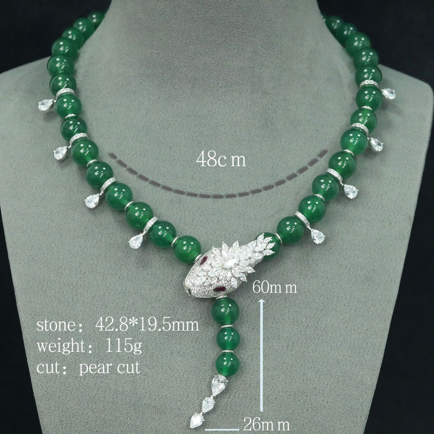 High Carbon Diamond Spirit Snake Natural Chalcedony Silver Plated Necklace