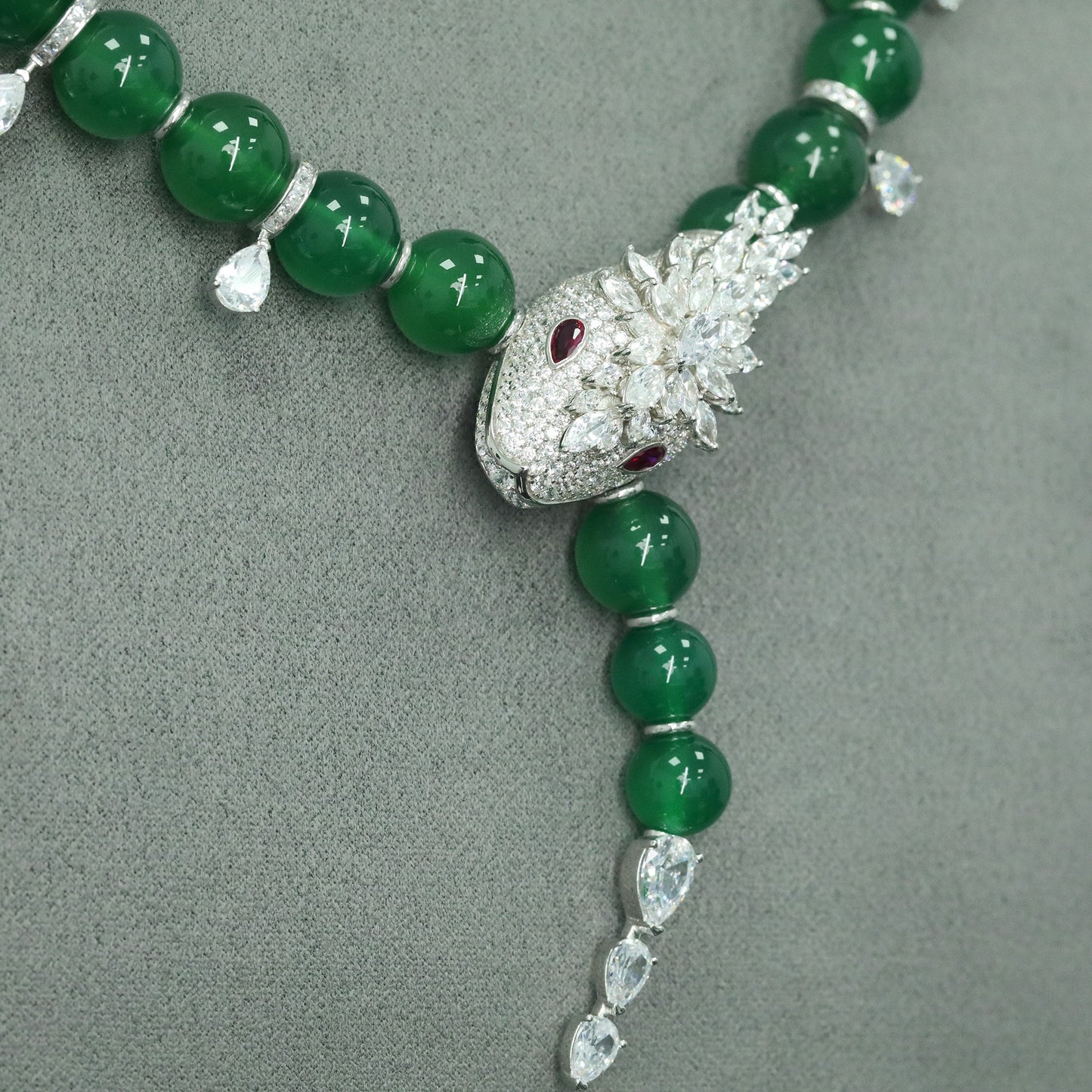 High Carbon Diamond Spirit Snake Natural Chalcedony Silver Plated Necklace