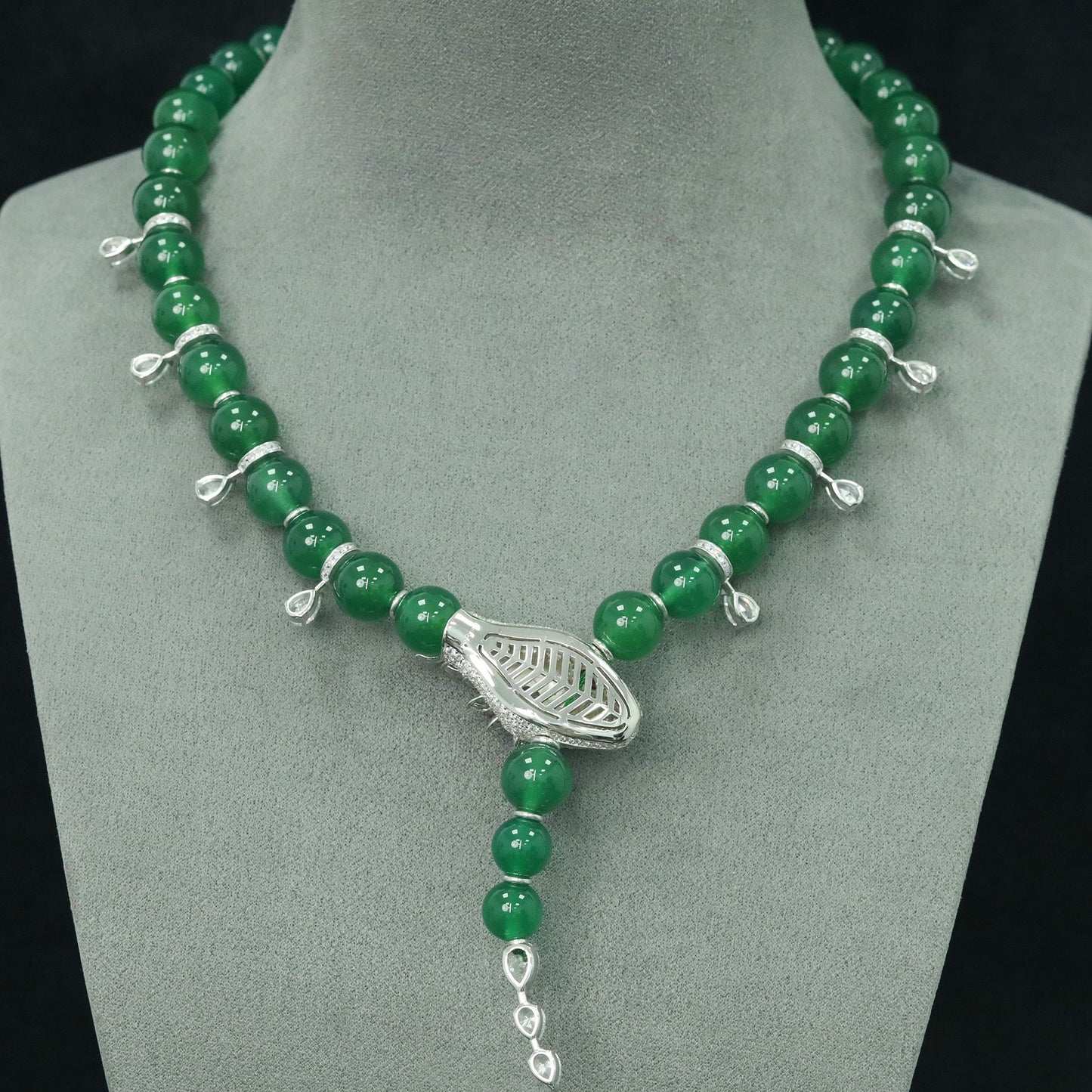High Carbon Diamond Spirit Snake Natural Chalcedony Silver Plated Necklace