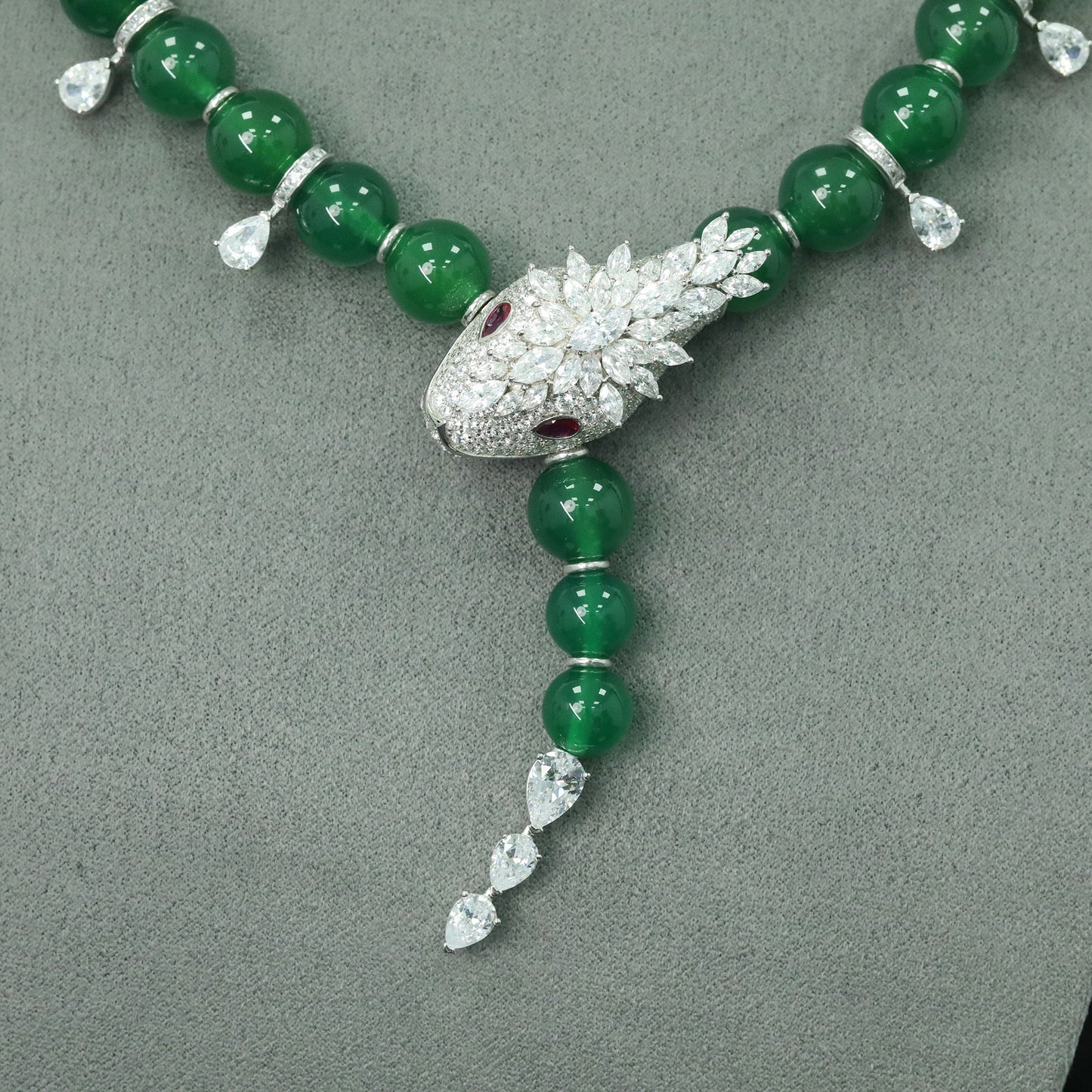 High Carbon Diamond Spirit Snake Natural Chalcedony Silver Plated Necklace