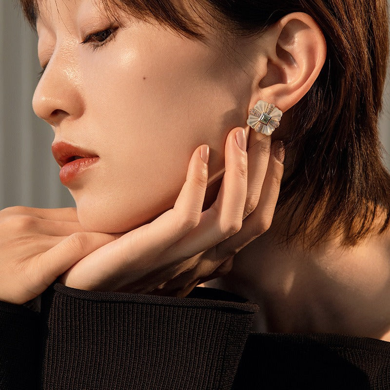 White Shell Paraiba Color Princess Square Earrings