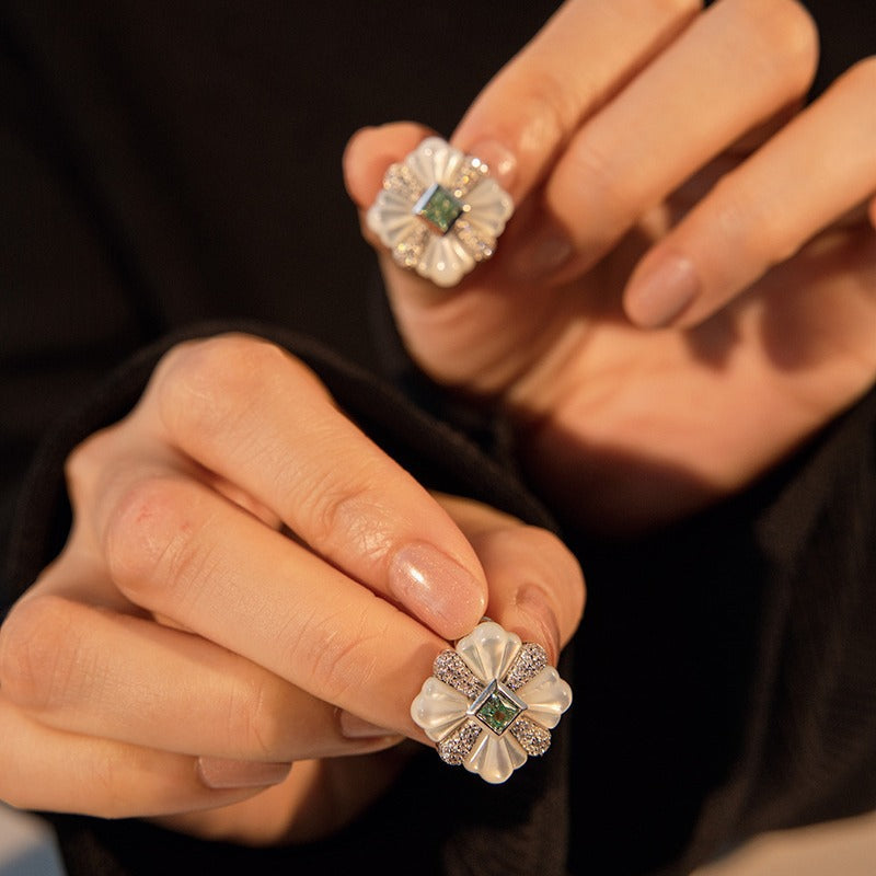 White Shell Paraiba Color Princess Square Earrings