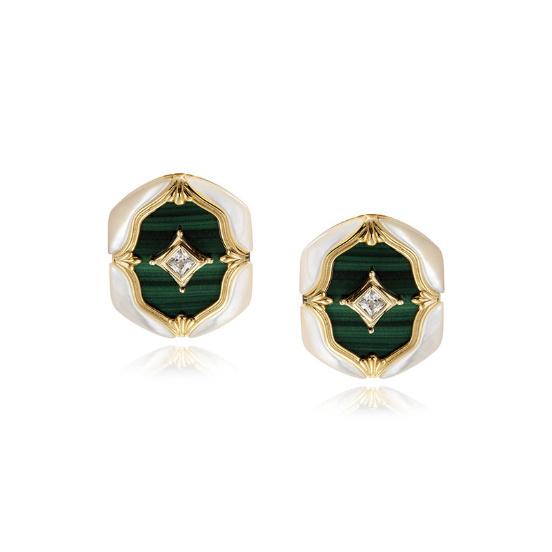 White Shell Natural Malachite Vintage Earrings