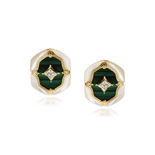 White Shell Natural Malachite Vintage Earrings