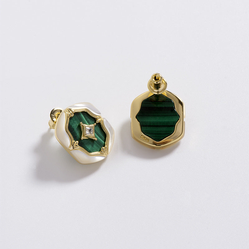 White Shell Natural Malachite Vintage Earrings