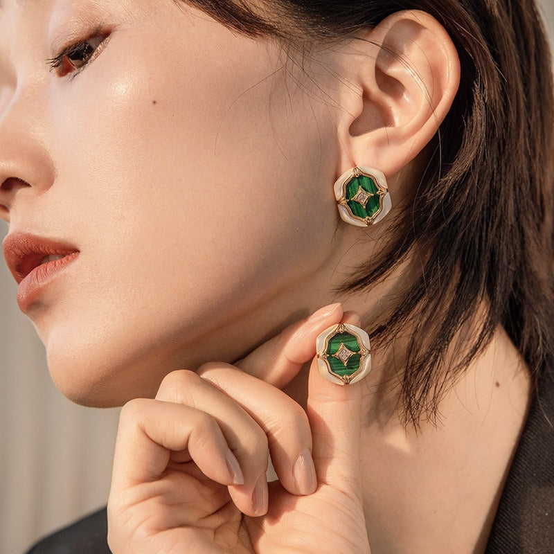 White Shell Natural Malachite Vintage Earrings