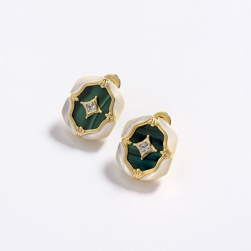 White Shell Natural Malachite Vintage Earrings