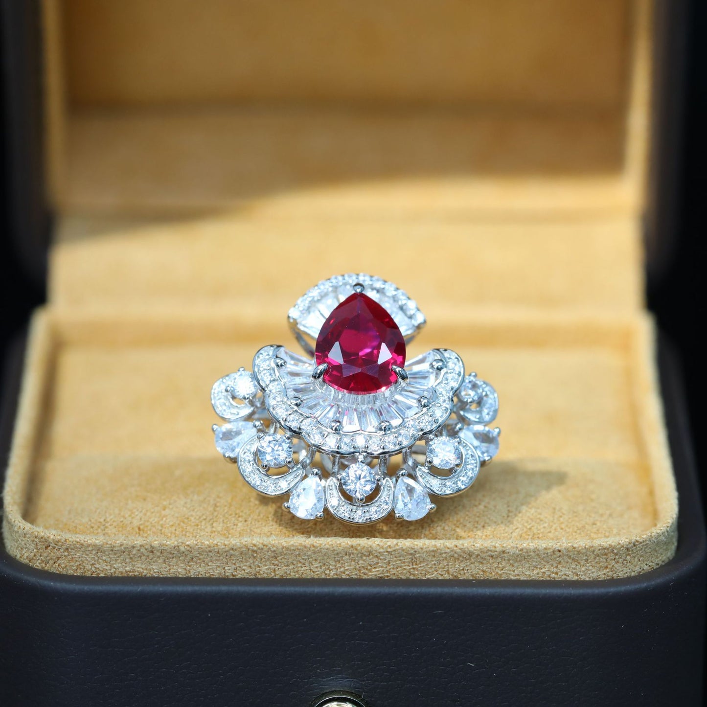 Pigeon Blood Red Maiden's Hem T-Square Ring with Diamonds