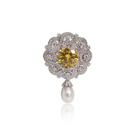 Freshwater Pearl Teardrop Yellow Diamond Vintage Brooch