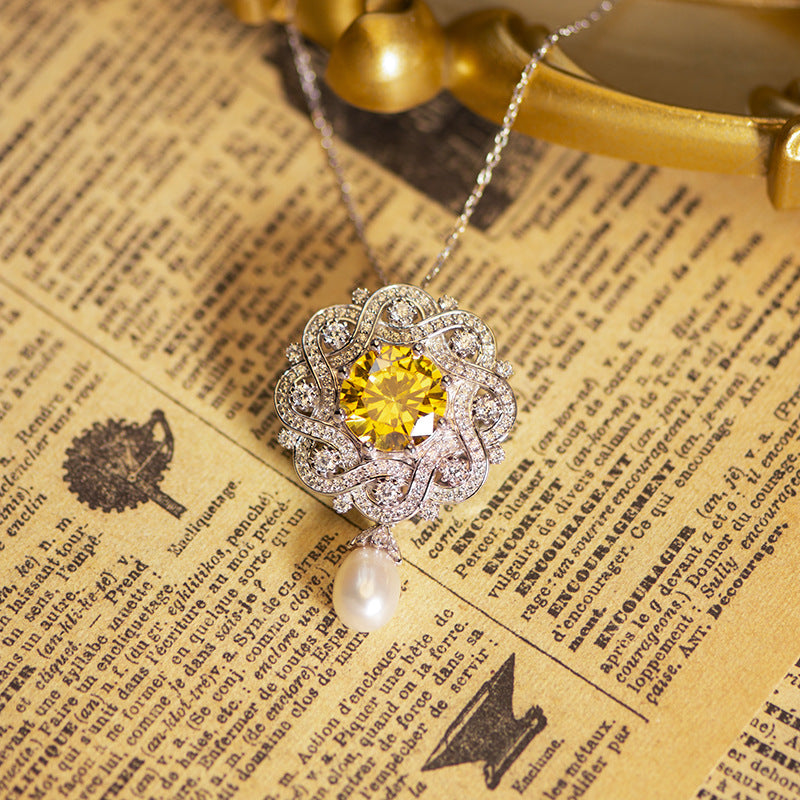 Freshwater Pearl Teardrop Yellow Diamond Vintage Brooch