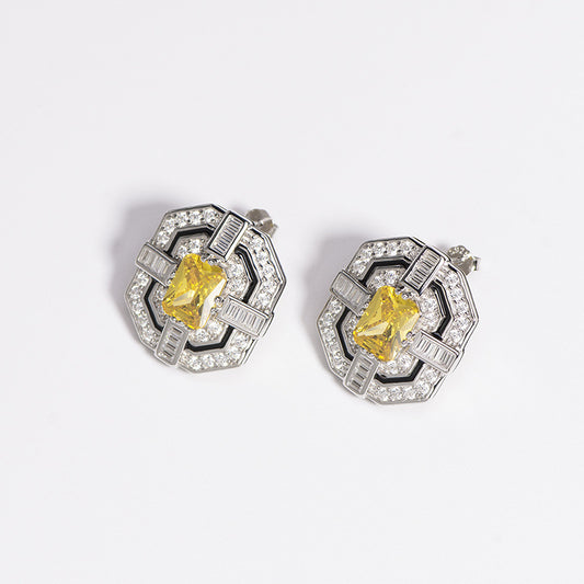 Art Deco Style Square Stud Earrings S925 Sterling Silver Gold
