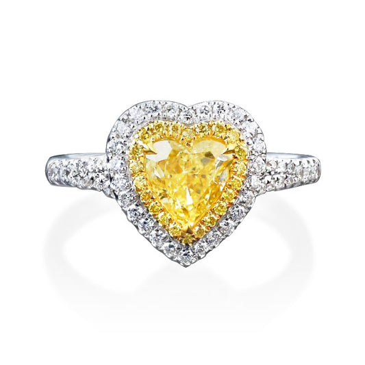 Fancy heart cut fancy yellow zirconia double halo ring